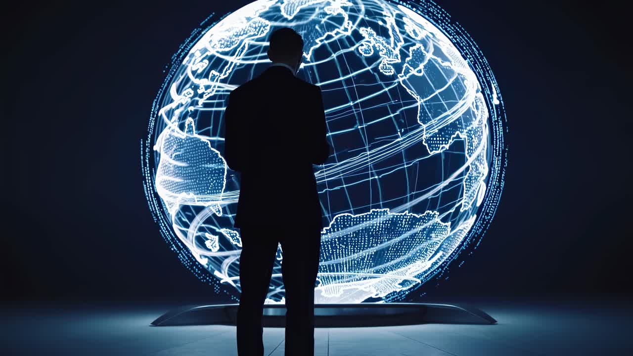 A man in silhouette stands before a digital globe projection. The low-angle shot gives a futuristic