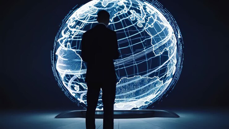 A man in silhouette stands before a digital globe projection. The low-angle shot gives a futuristic