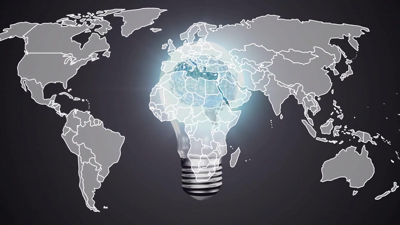 Video verticale: Linee della mappa che si muovono verso est, causando la pulsazione di un cervello a bulbo e un alone che focalizza le regioni per la tecnologia.
