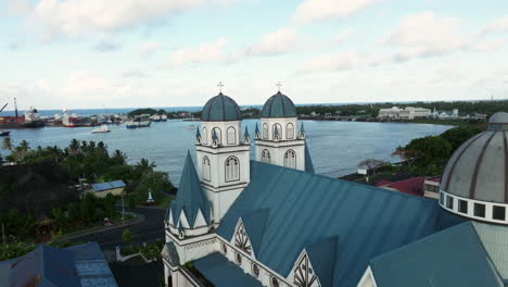 cathedral of apia or mulivai cathedral in samoa - aerial pullback