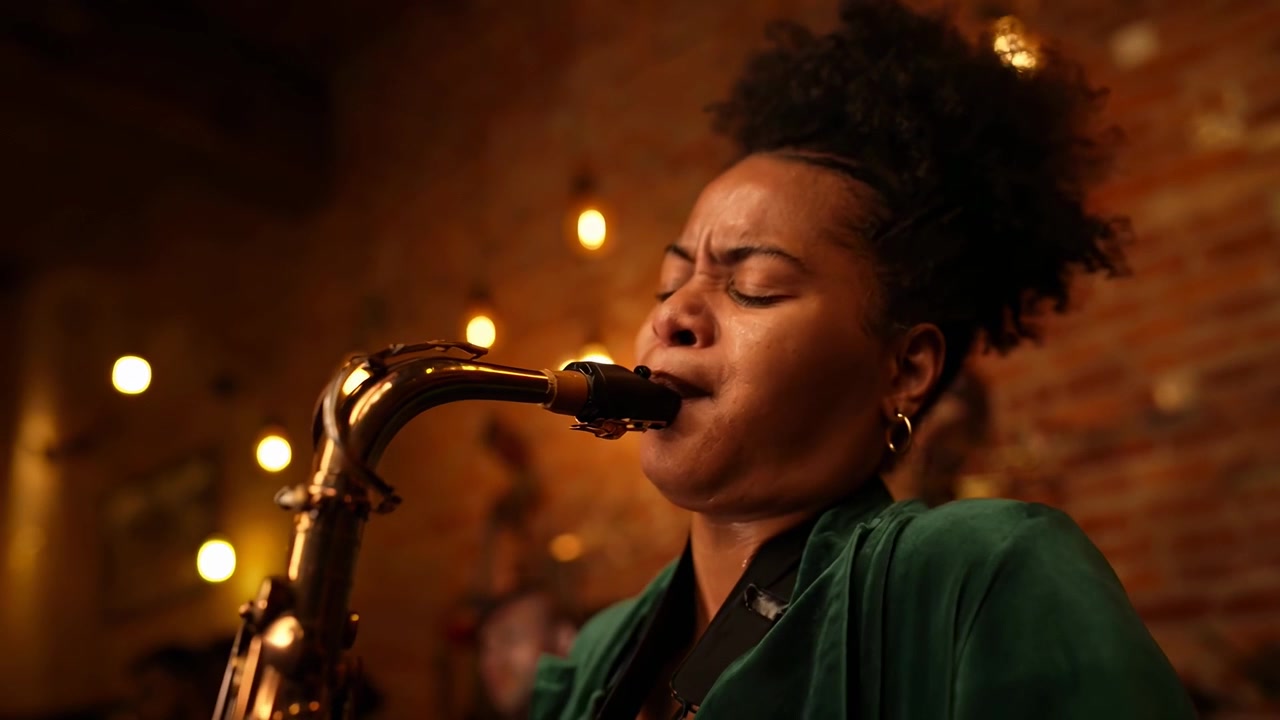 Giovane donna che suona il sassofono in un jazz club scarsamente illuminato