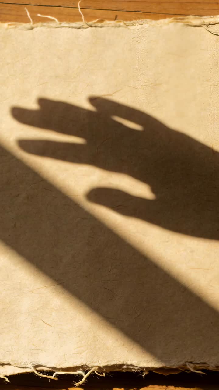Vertical video: Making hand shadow moving over torn paper wood table, sun making forms, copy space