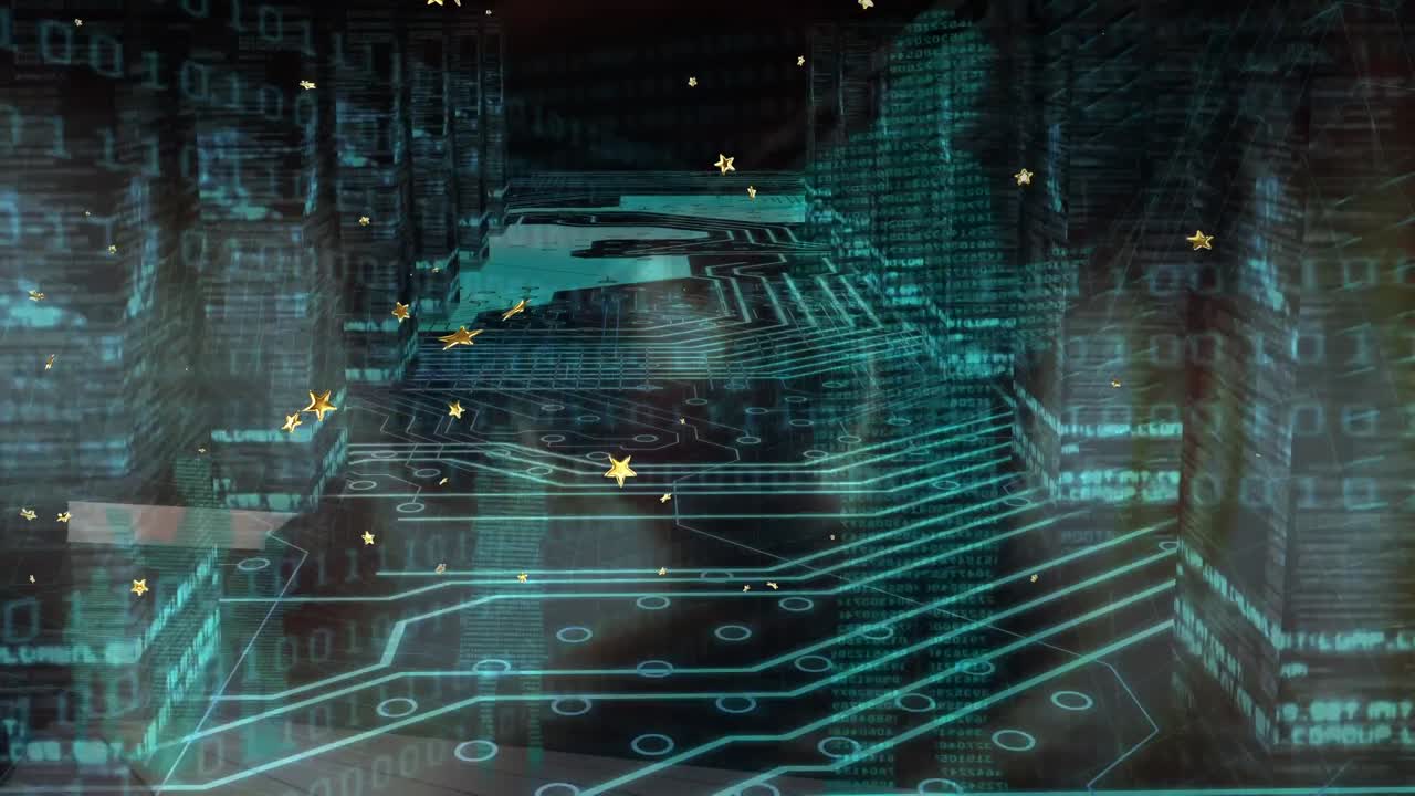 Animation of light, data, integrated circuit and stars