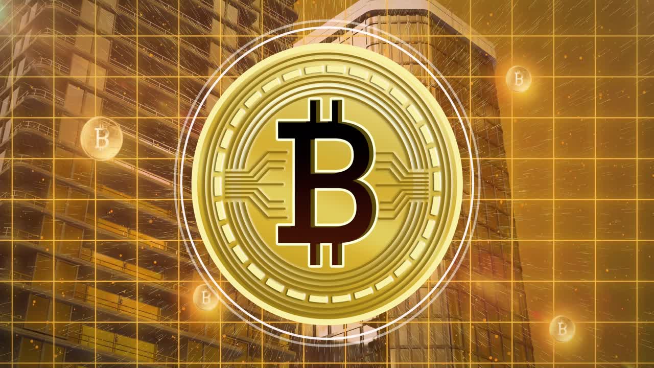 animación del procesamiento de datos y bitcoins sobre el paisaje urbano
