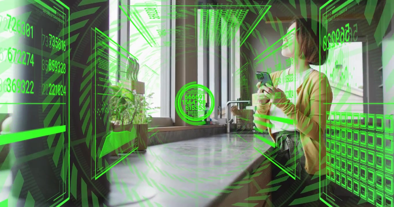 Woman tapping smartphone and initiating data scan in kitchen, tech panels showing rotating graph