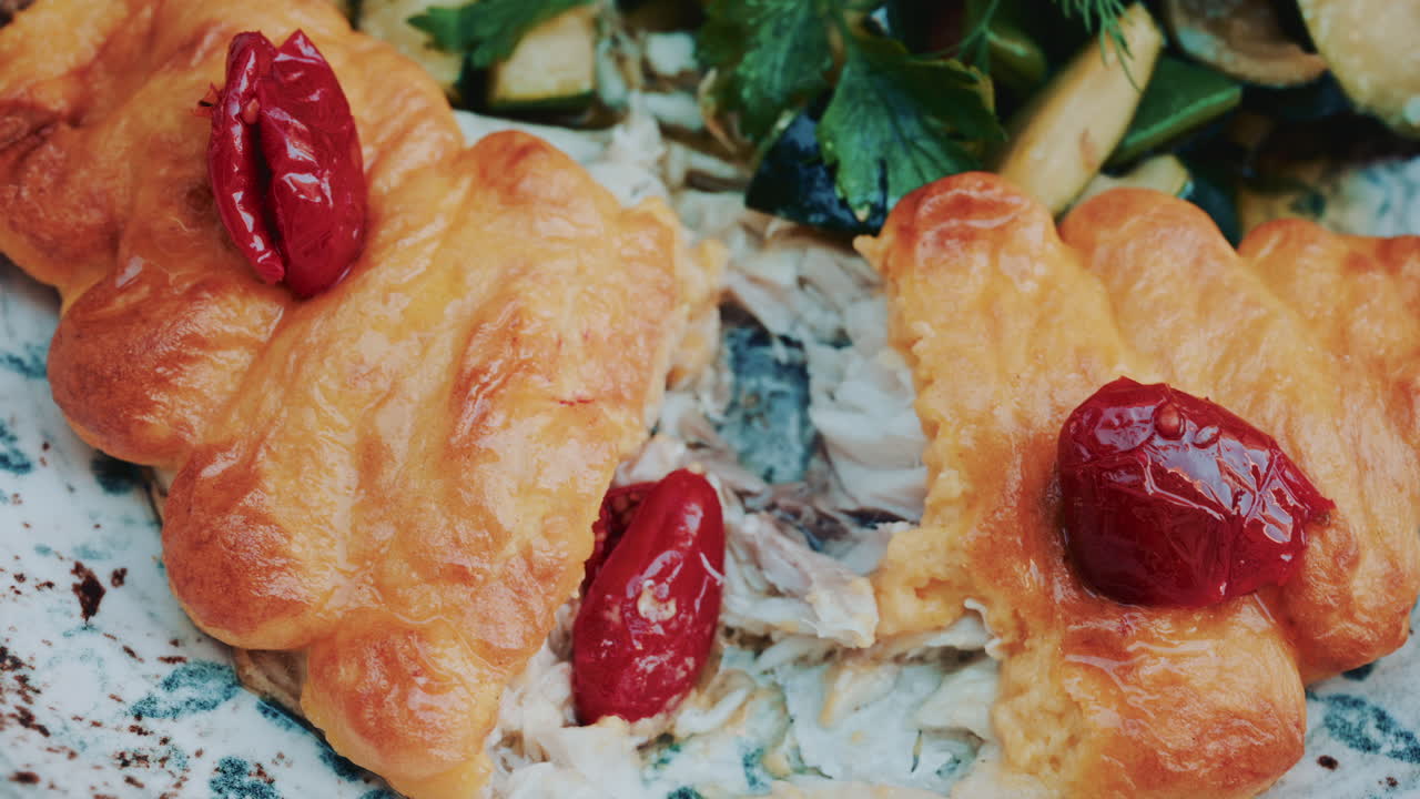 Close up of the flaky pastry on top of a fish filet, topped with red peppers, with a fork cutting into it, vegetables in the background