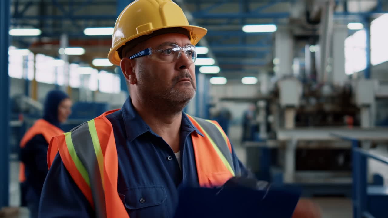 Industrial Worker in Hard Hat Writing on Clipboard in Factory