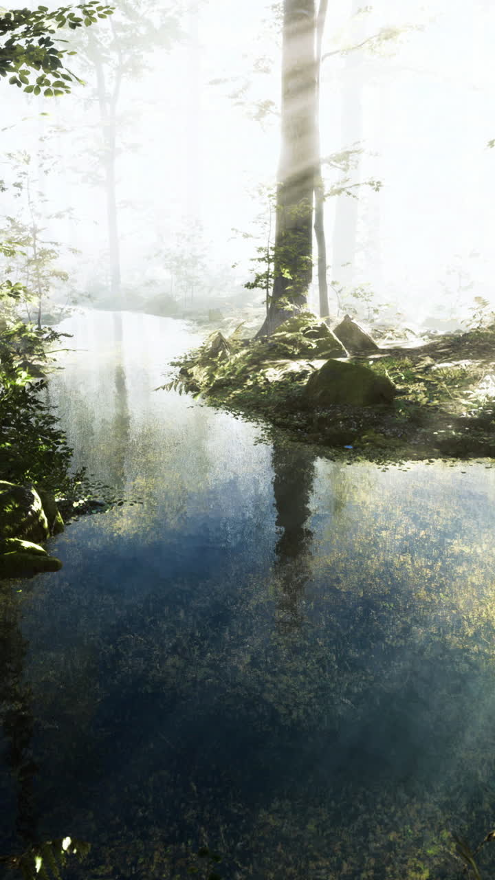 Mysterious forest with shimmering water and soft light filtering through trees