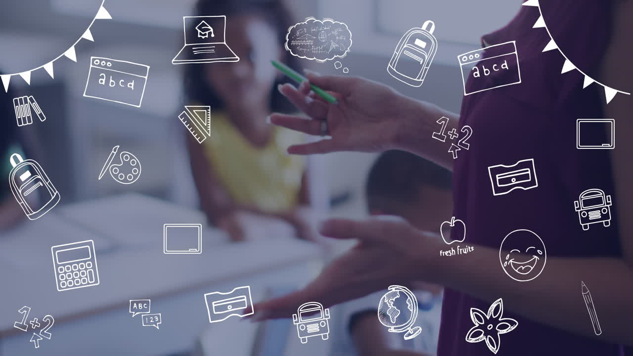 학생들에게 설명하는 다양한 여성 교사의 손 위에 학교 아이콘의 애니메이션