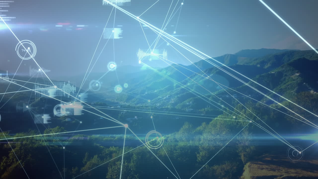 Animation of globe with network of connections over landscape