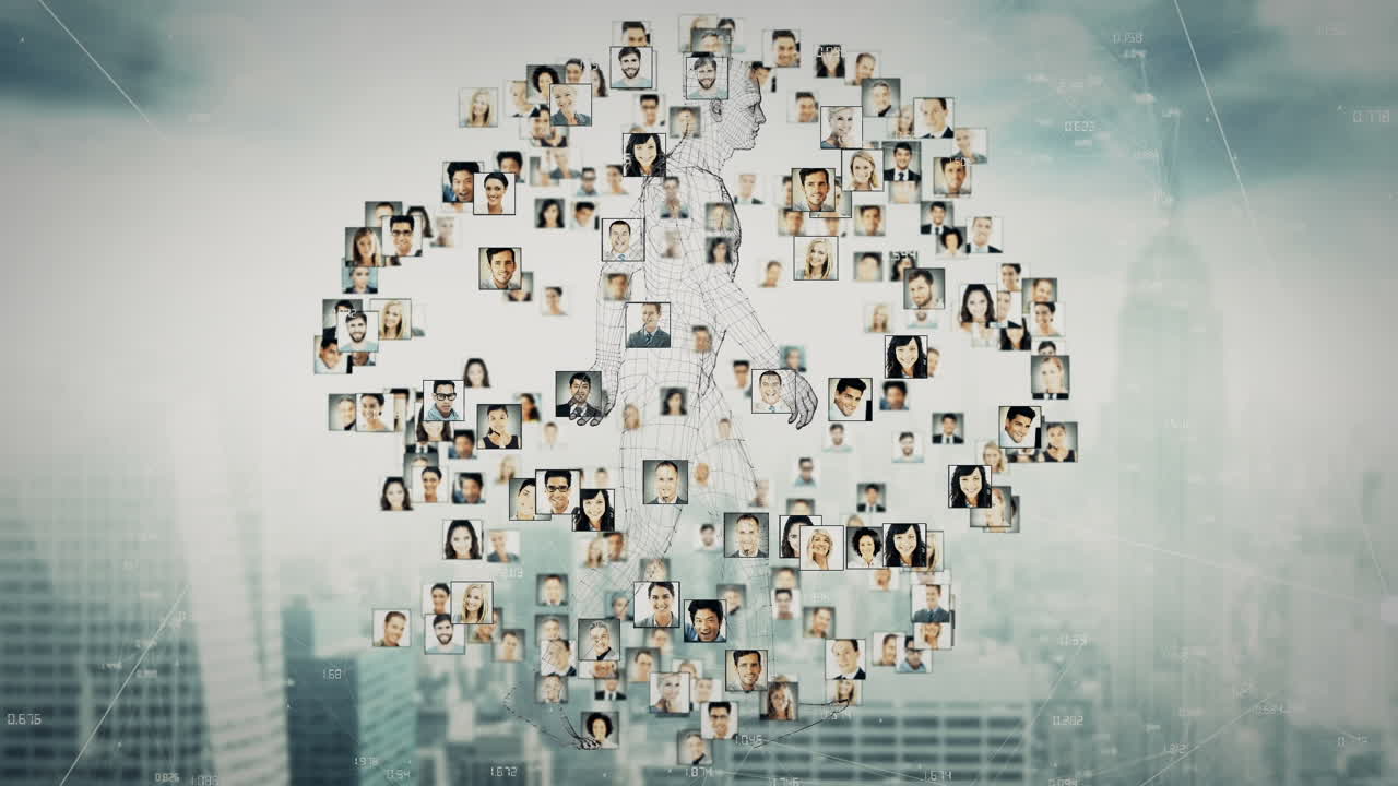 Animation of people icons and digital human over cityscape