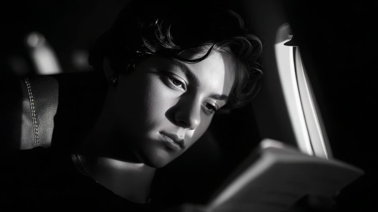 A Young Passenger Immersed in a Book While Traveling on a Plane, Capturing the Serene Moment of Reading as Light Falls Softly Across Their Face in a Black and White Composition