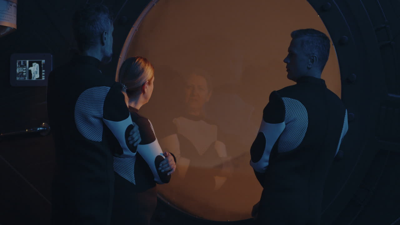 Scientists Observing Through a Large Round Window