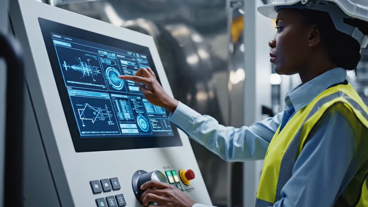 Woman engineer operating manufacturing machinery in factory