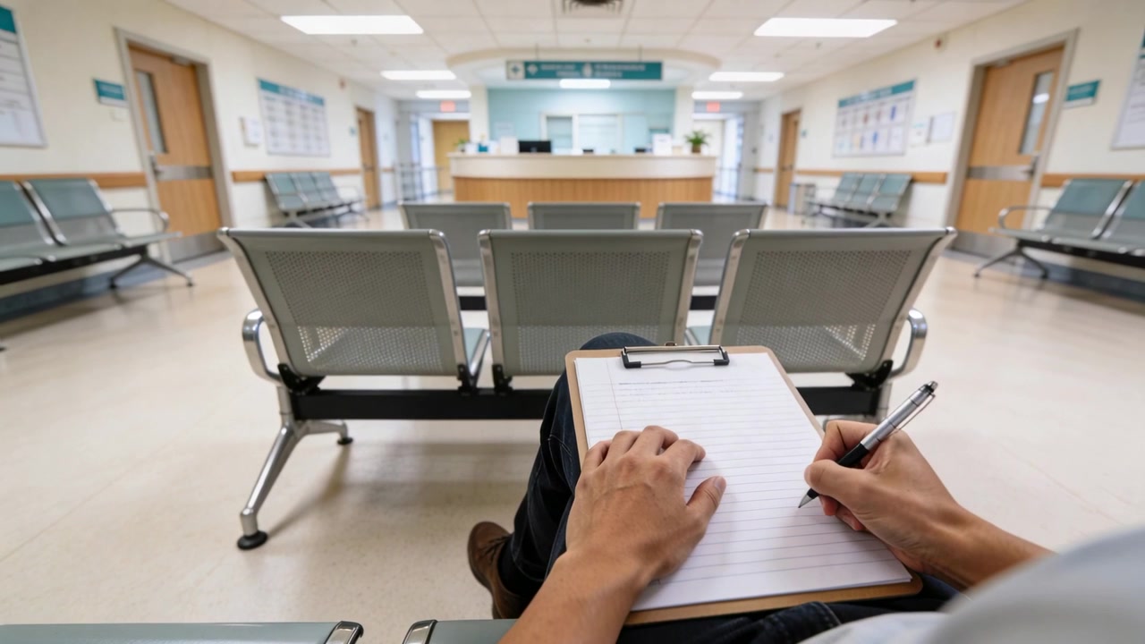Odotettuaan vaaleapaitainen mies ottaa kynän ja täyttää lomakkeen klinikalla.