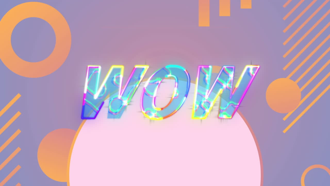 네온 빛나는 와우 텍스트 배너는 보라색 그라디언트 배경에 추상적인 모양을 배경으로