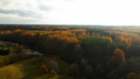 Toma-De-Drones-De-Campos-Verdes-Y-Bosques-Otoñales-Densos,-Vibrantes-Y-Coloridos-En-El-Río-Lesse-Al-Atardecer,-Bélgica,-Alejar