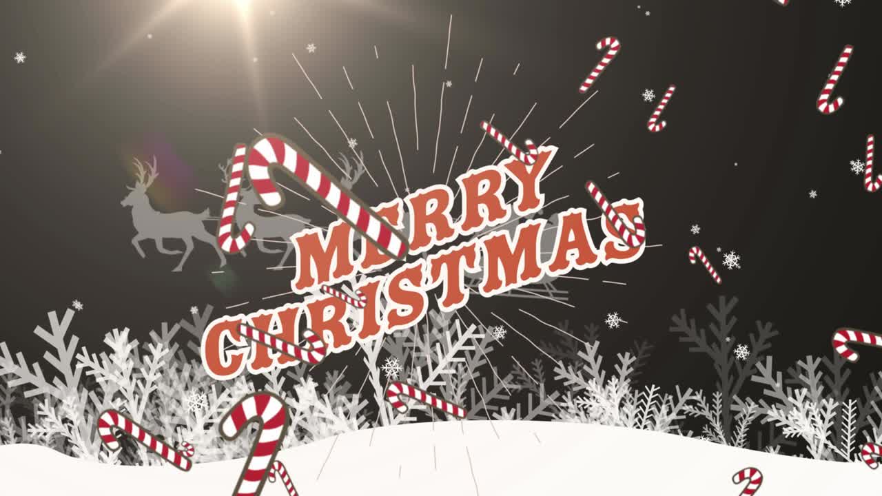 캔디  ⁇ 이 떨어지고 겨울 풍경 위에 메리 크리스마스 텍스트의 애니메이션