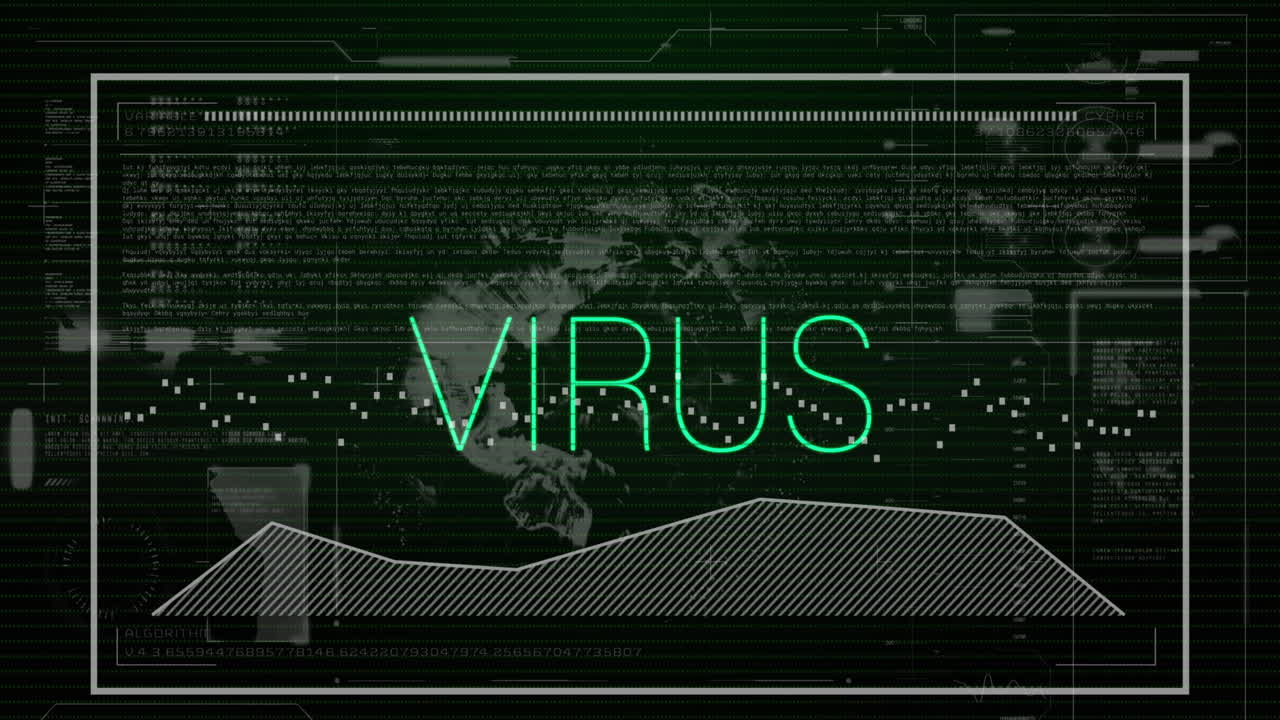 animación del texto del virus, estadísticas y procesamiento de datos.