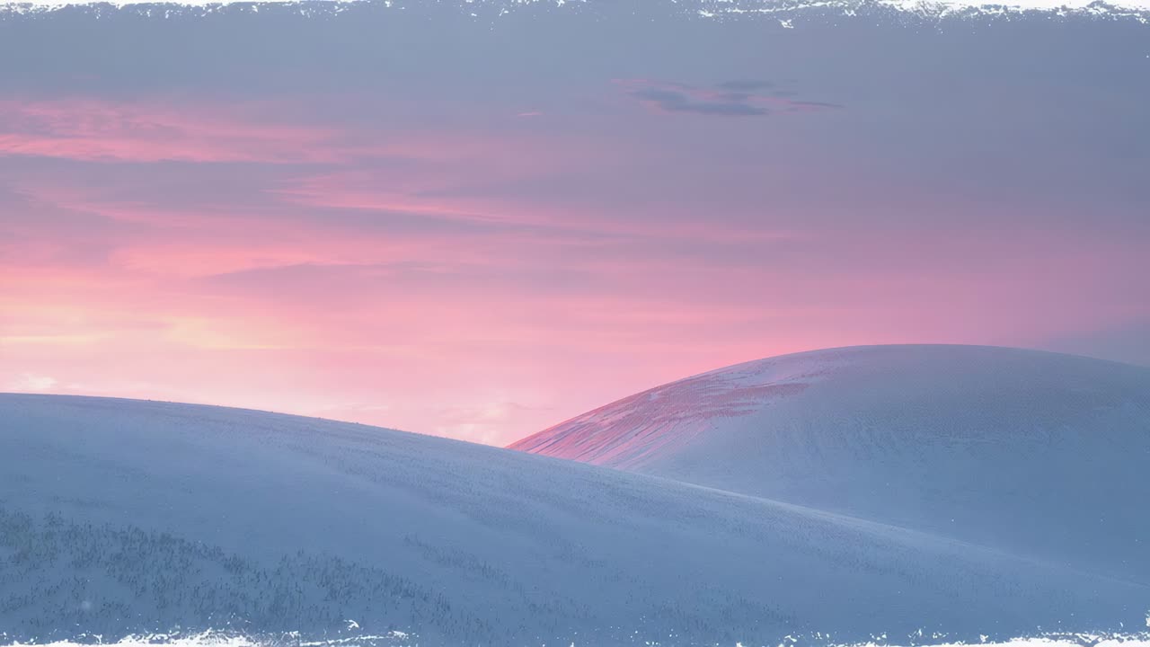Rising low sun casting pink light, snow-covered rolling hills reflecting sunrise glow