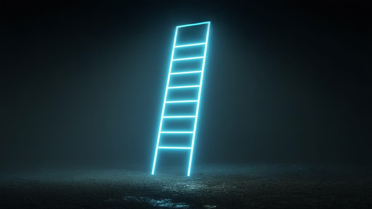 An ethereal glowing ladder stands alone in a dark, mysterious environment, symbolizing aspirations and the journey towards greater heights amidst shadows and uncertainty