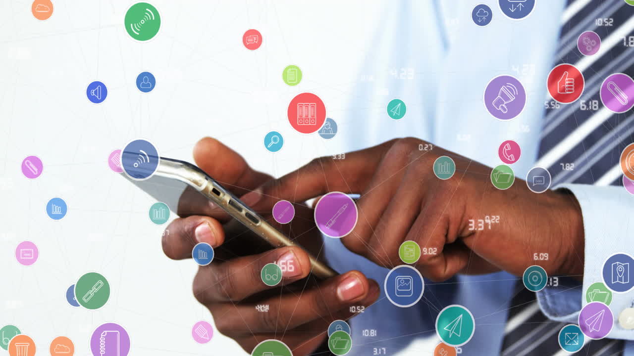 Animation of network of connections with icons over man using smartphone
