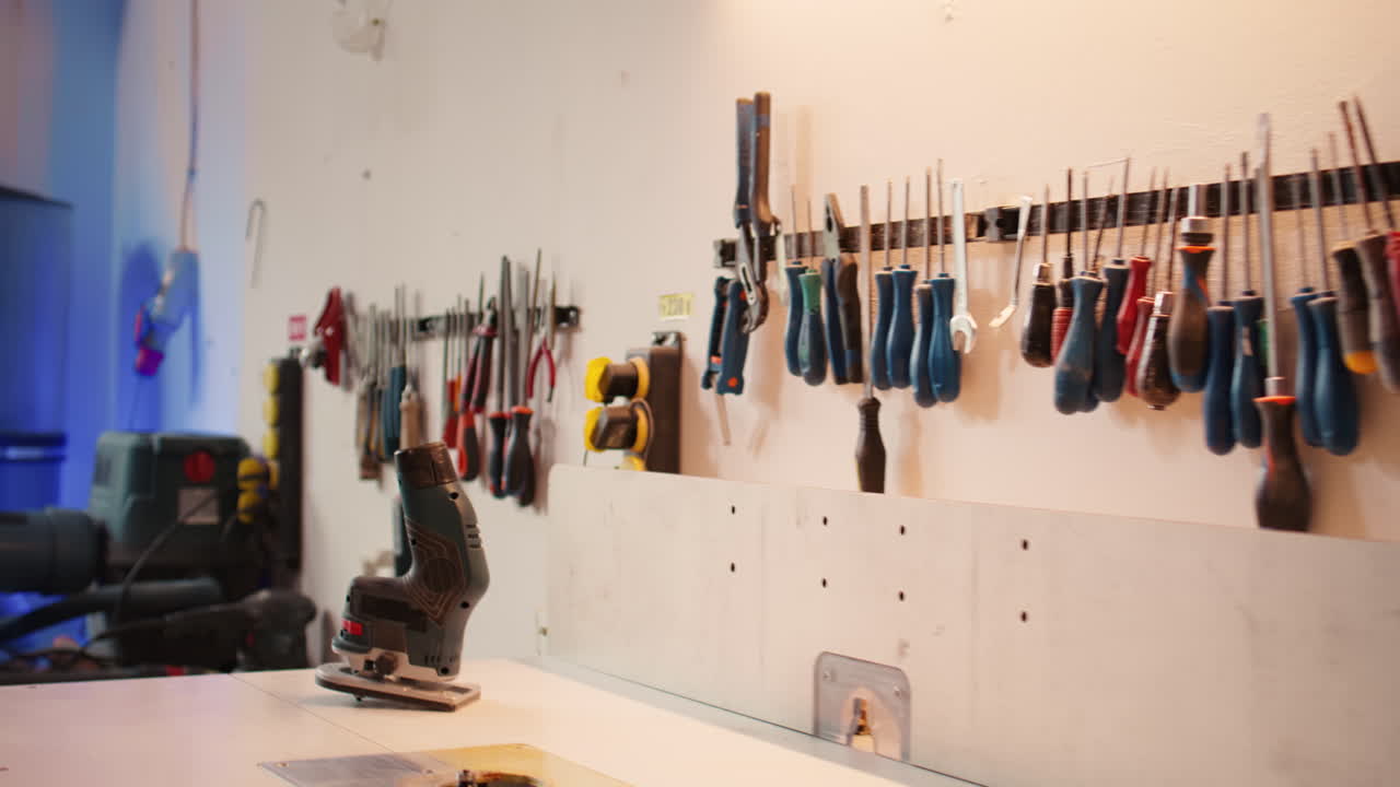 acercamiento del router eléctrico en el moldeador de huso en el taller de ensamblaje de muebles