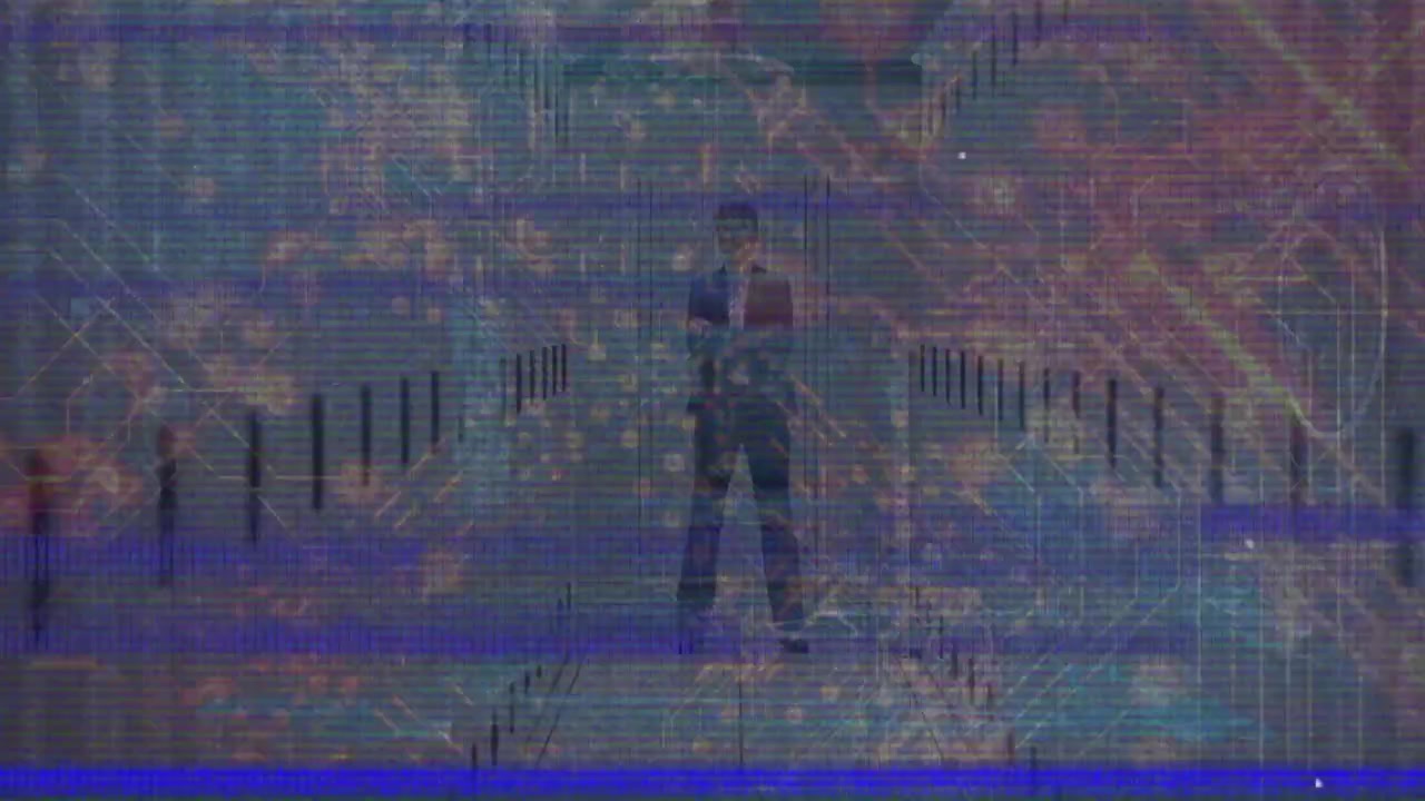 Mid adult woman walking corridor after stopping glitch lines pulsing circuit overlay technology