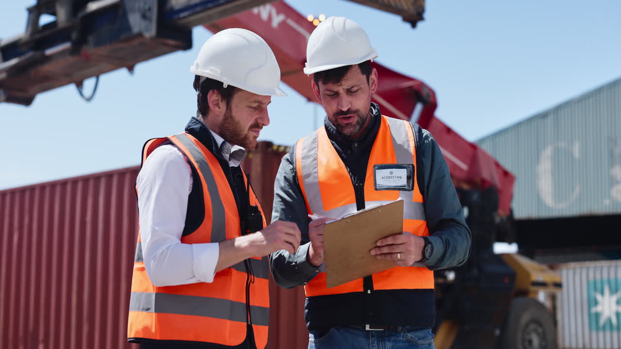 Two Engineers Discussing Plans at an Industrial Shipping Yard