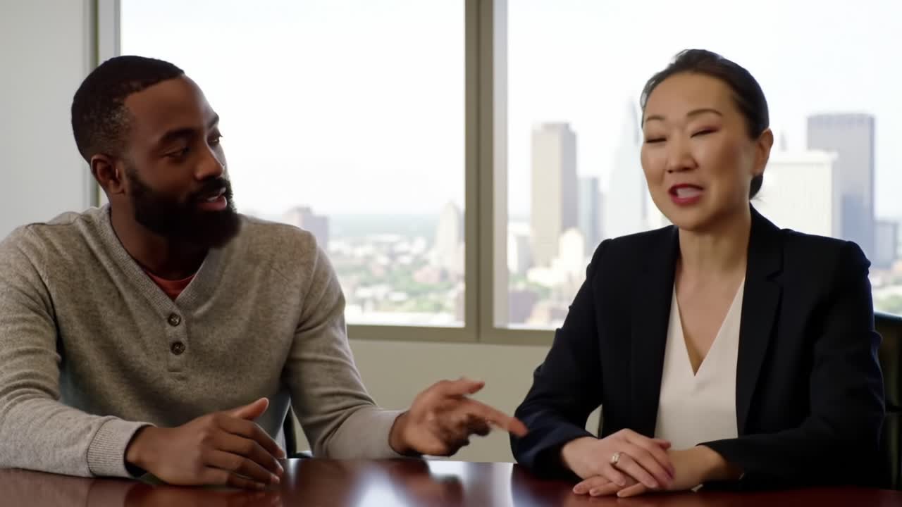 A Dynamic Conversation Between Two Professionals in an Office Setting Overlooking a Stunning Urban Landscape, Engaging in Meaningful Dialogue and Collaboration