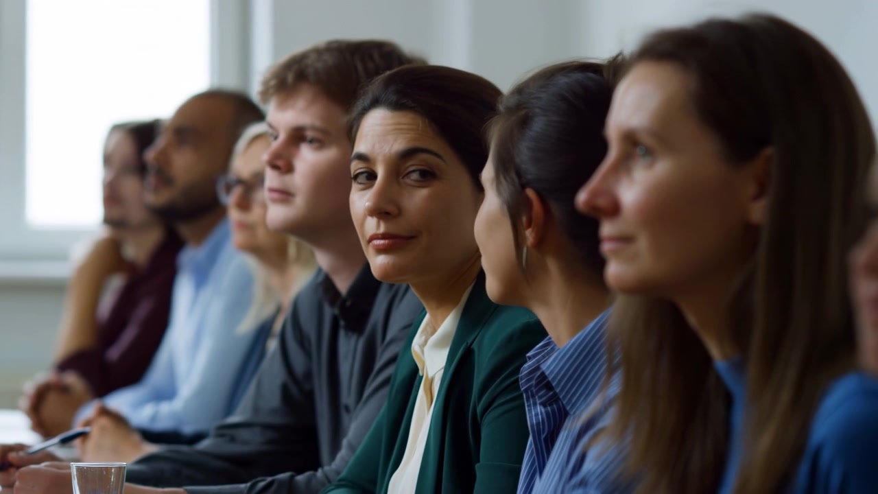 Adulti seduti di profilo all'interno di una sala conferenze o di un ambiente per seminari, di fronte a un oratore non visibile, con espressioni calme e attente e postura rilassata sotto una luce interna soffusa, con pubblico, attento
