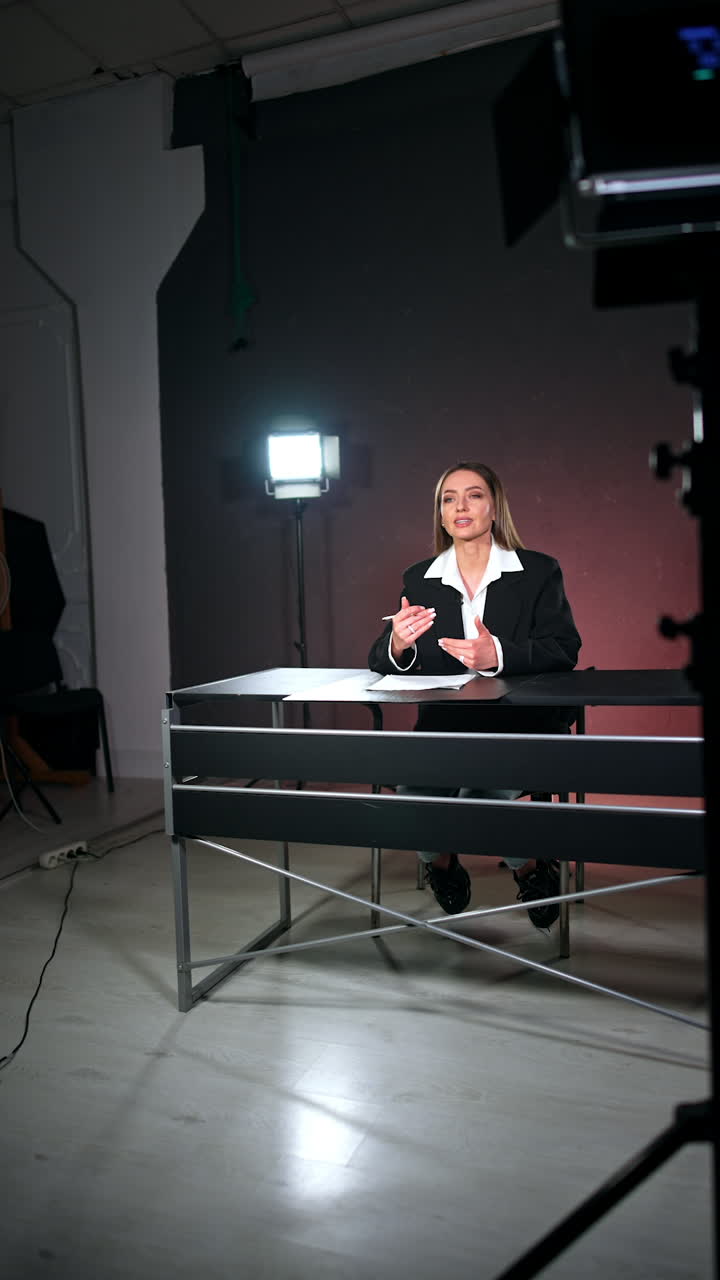 Brunette woman in black jacket speaks to camera in studio. Backstage of blog footage. Vertical video