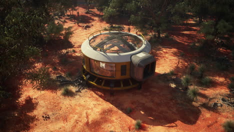 abandoned round spacecraft in a desert forest