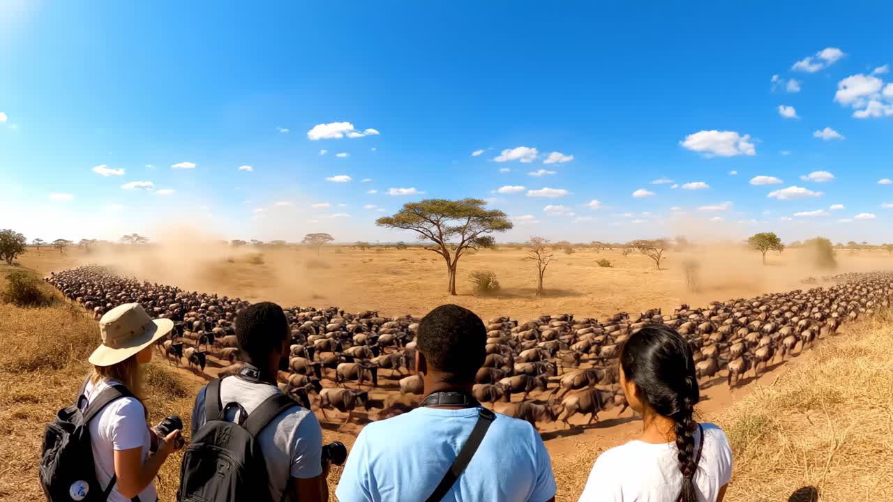 Tourists Witnessing the Great Wildebeest Migration in Tanzania