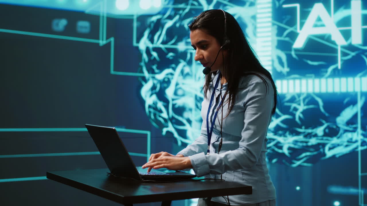 Speaker talking in online webinar, exploring ways AI can help companies