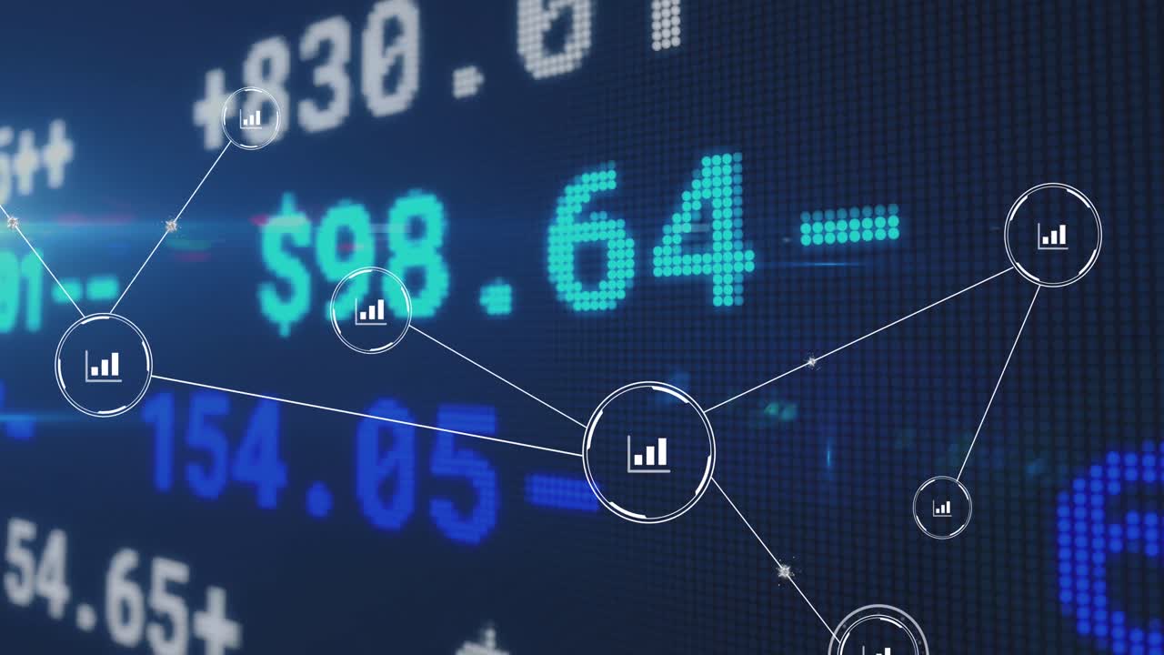 Animation of network of conncetions with icons over stock market