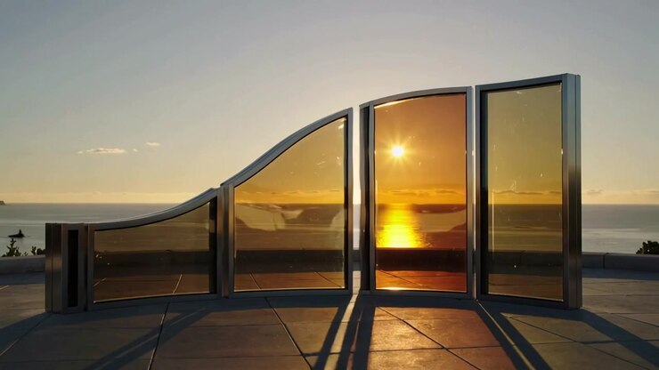 Seis painéis de vidro emoldurados giratórios dobrando-se em um terraço na cobertura à beira-mar ao pôr do sol, projetando tons âmbar.