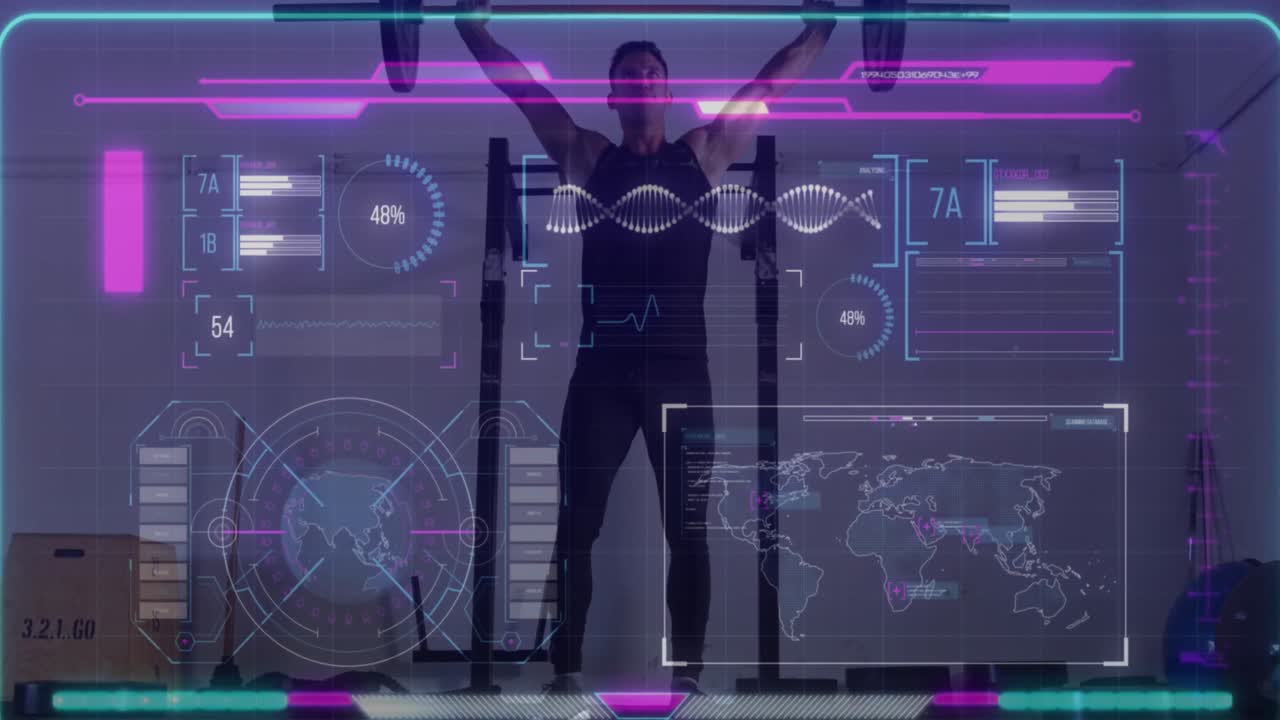 바벨 무게를 들어 올리는 사람에 대한 인터페이스 처리 데이터의 애니메이션