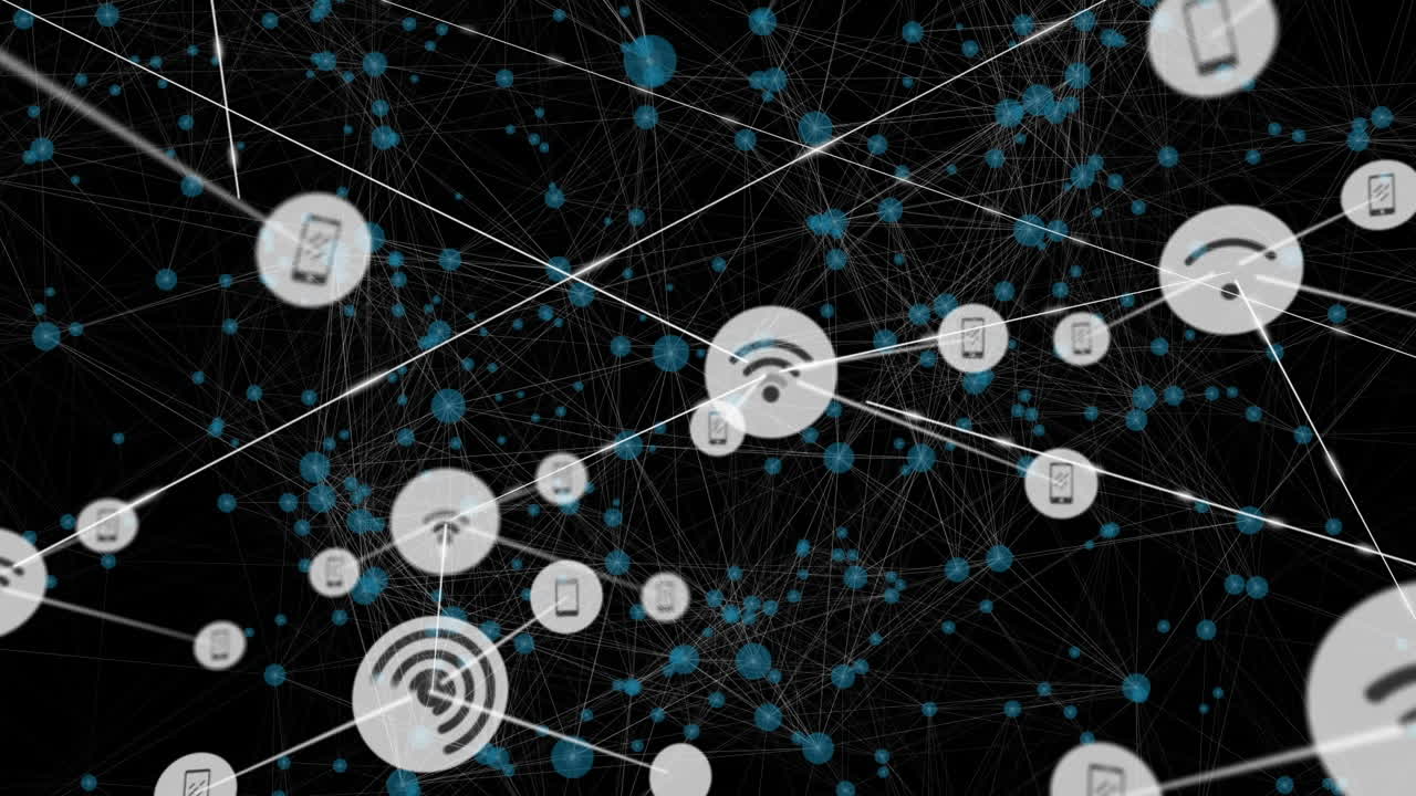 animación de la red de conexiones con iconos sobre fondo negro con constelaciones