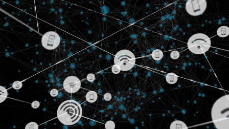 Animation of network of connections with icons over black background with constellations
