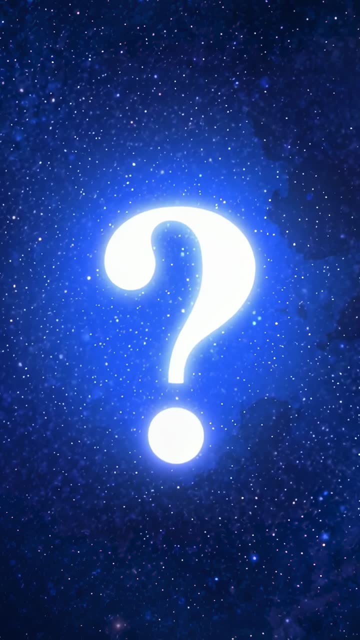 Vertical video: Appearing glowing question mark pulsing over blue starfield halo growing for title