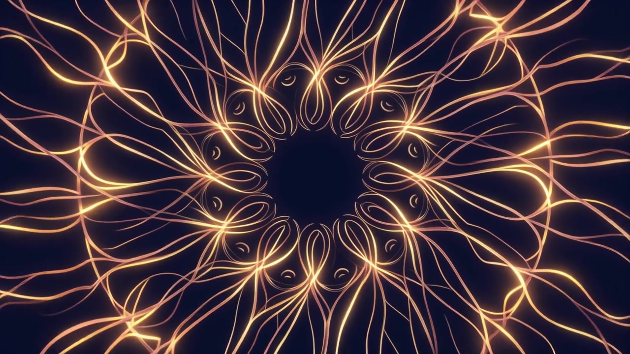 Motivo Mandala Dorato Luminoso Astratto Rotante su Sfondo Scuro