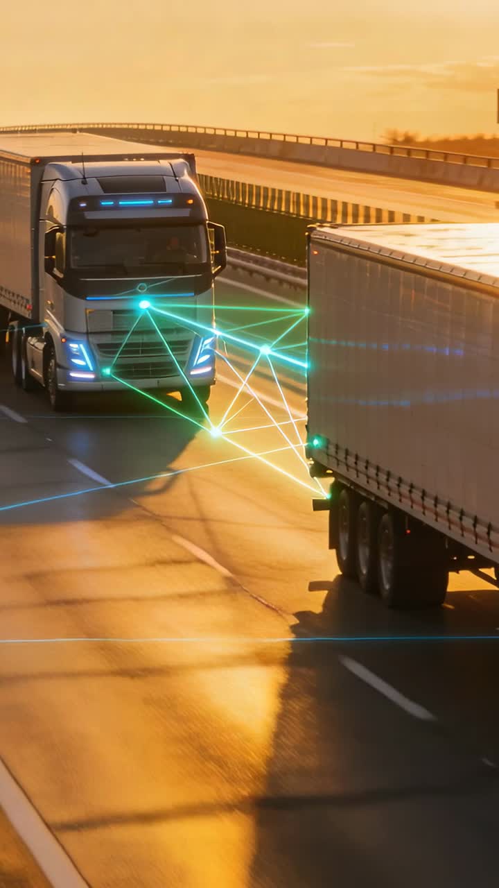Camion connessi che guidano in autostrada con sovrapposizione di rete digitale