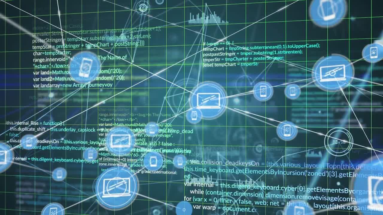 추상적인 배경에 대한 컴퓨터 언어와 그래프를 통해 연결된 아이콘의 애니메이션