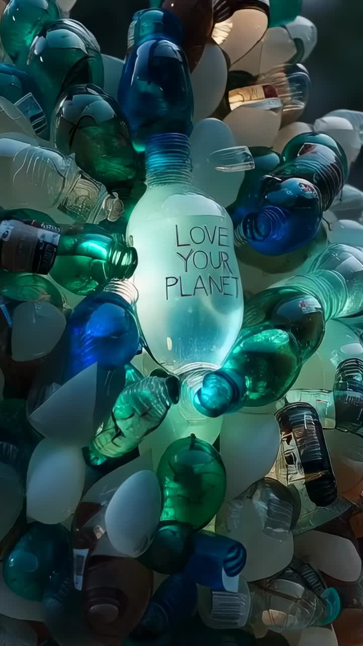 Vertical video: Camera moving closer, bottle sculpture at window revealing 'LOVE YOUR PLANET' label