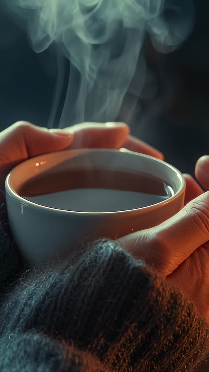 Vertical video: Entering frame sweater-clad hands warming on mug in dim room, with rising steam