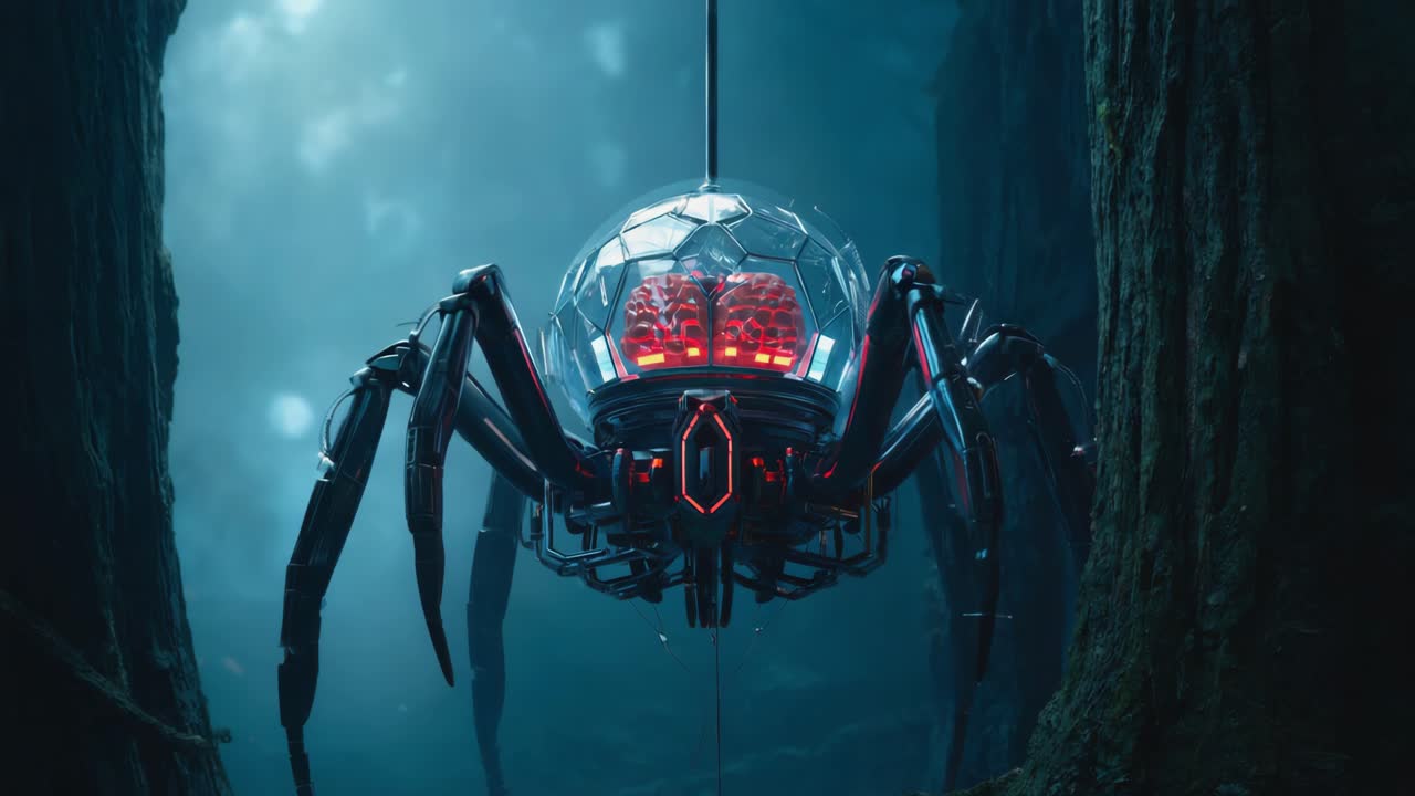Futuristic Spider Robot with Glowing Brain in a Subterranean Environment