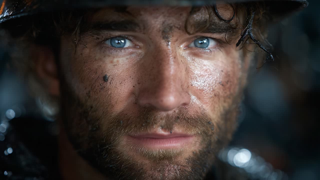 A Portrait of Resilience: Close-Up of a Determined Individual Captured in an Intense Moment of Grit and Resolve with Glistening Eyes and Muddy Features