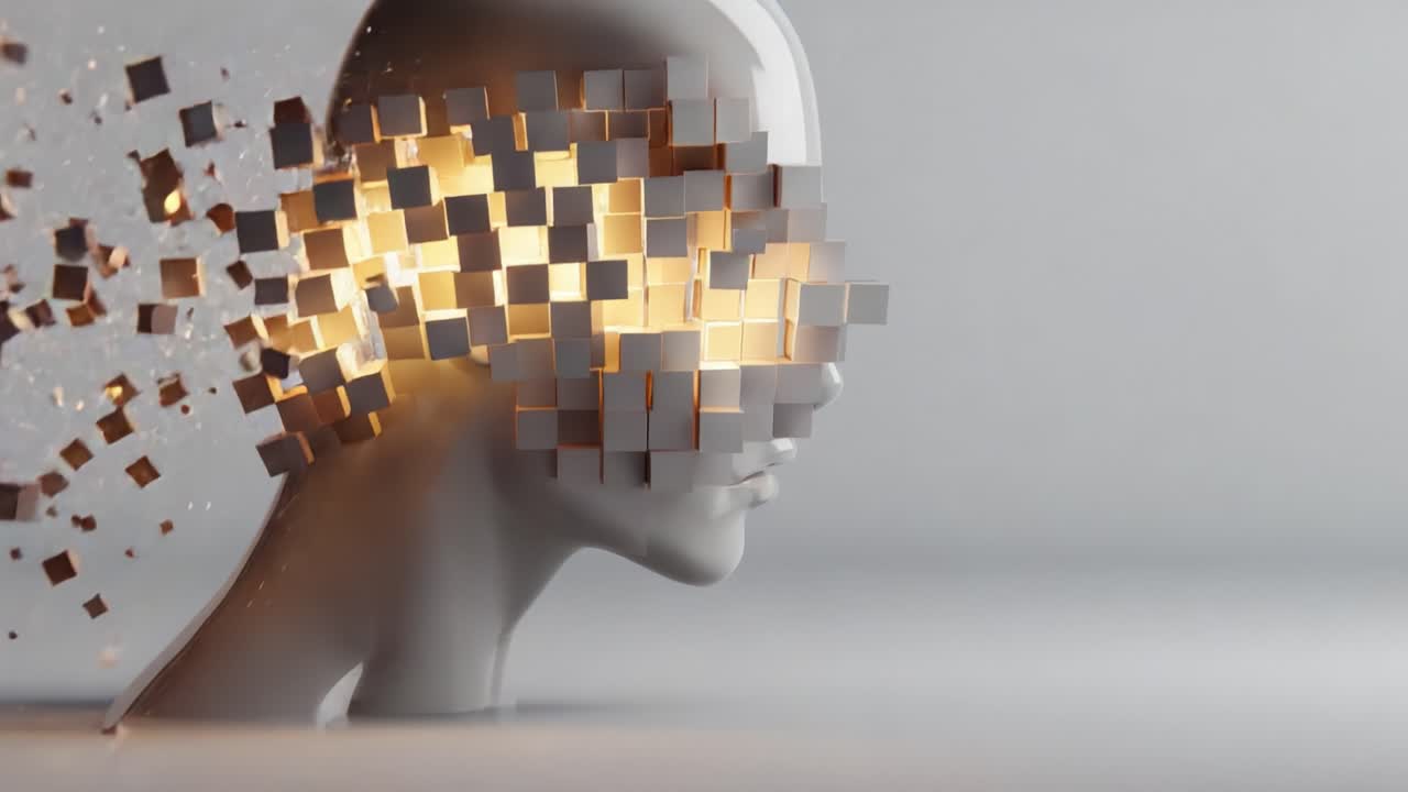 A striking exploration of the human mind in a digital age, featuring a fragmented, 3D-rendered mannequin head that transforms from a solid form to a disintegrating cloud of cubes and light