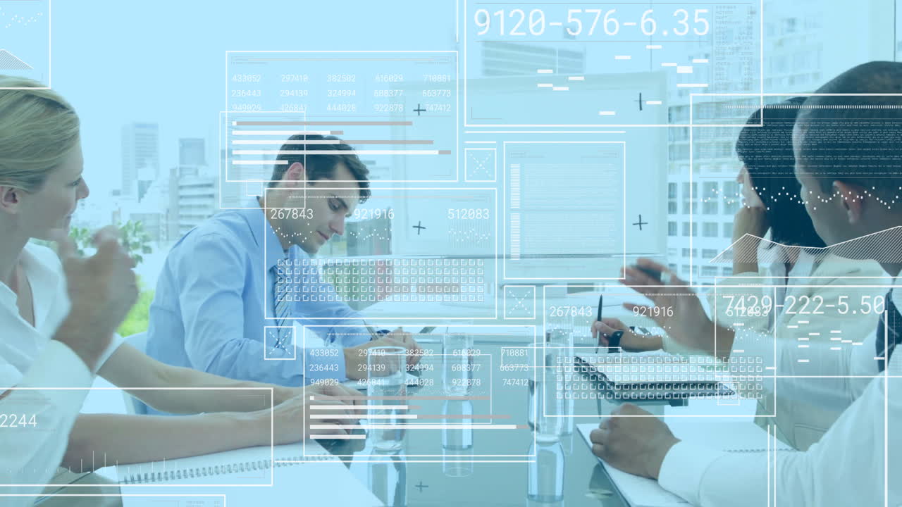 Collaborating in office, business team analyzing digital data with animation overlay